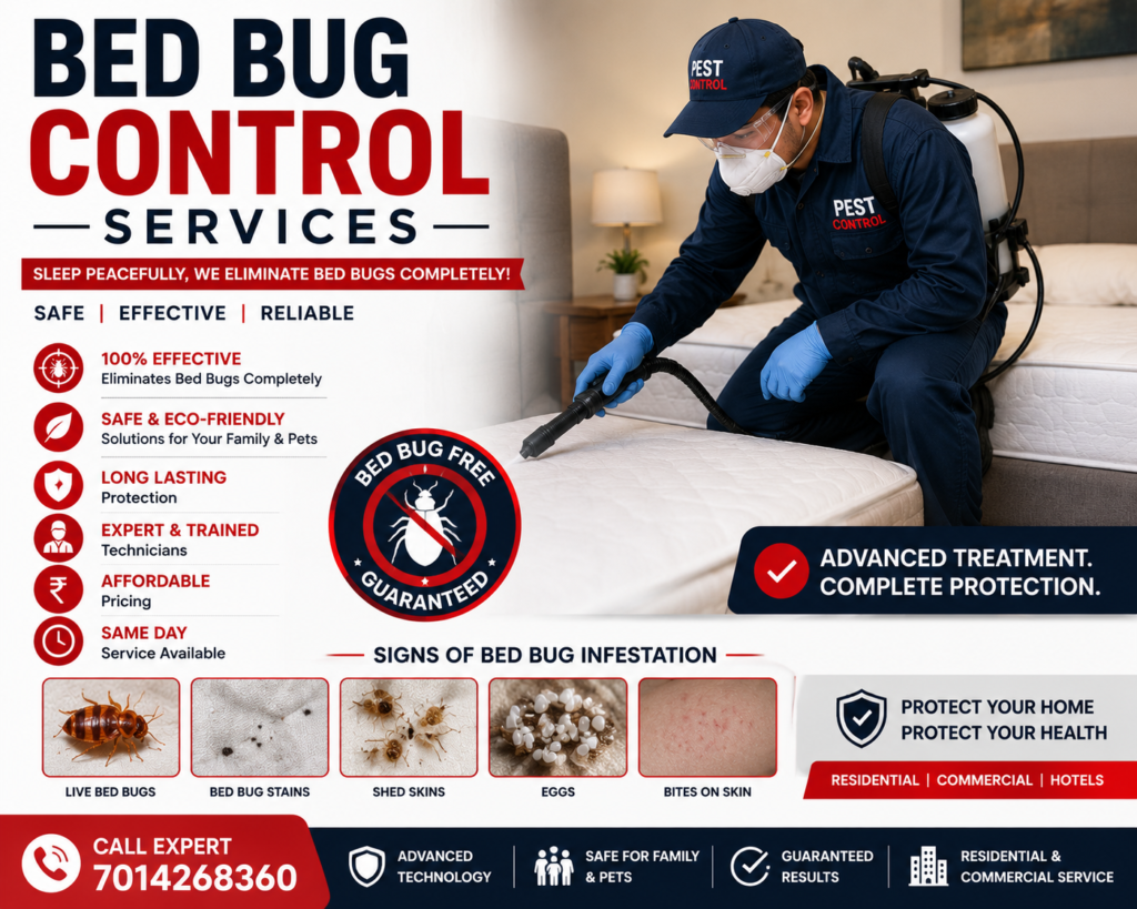 Professional bed bug control technician performing bed bug treatment on a mattress in a residential bedroom in Mumbai.