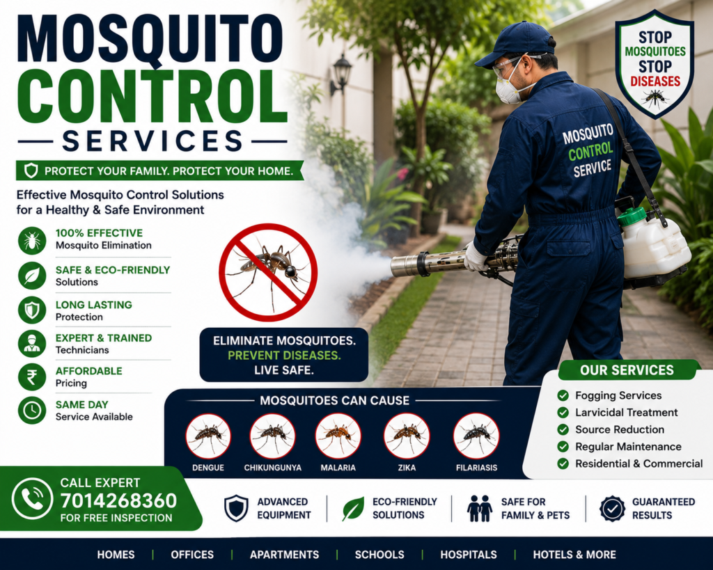 Professional mosquito control technician performing mosquito fogging treatment in a residential outdoor area to eliminate mosquitoes and prevent dengue, malaria, and chikungunya.